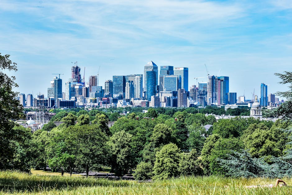 A daytime view of a city skyline with a cluster of modern high-rise office buildings and residential towers in the background, exhibiting glass facades that reflect the daylight. In the foreground, there is a historic white building with classical architectural features, including dome-shaped cupolas topped with decorative finials, arched windows, and a symmetrical layout. The landscape around the historic building includes leafless trees and manicured lawns, suggesting late autumn or early winter season. The sky above the city contains soft, pastel-hued clouds, indicating a calm and clear day. This scene depicts an urban area where private waste clearance services, such as those offered by Waste Clearance Greenwich, might be relevant for managing rubbish removal from historic or commercial properties within a busy metropolitan environment, providing an alternative or supplementary solution to local authority waste collection options.