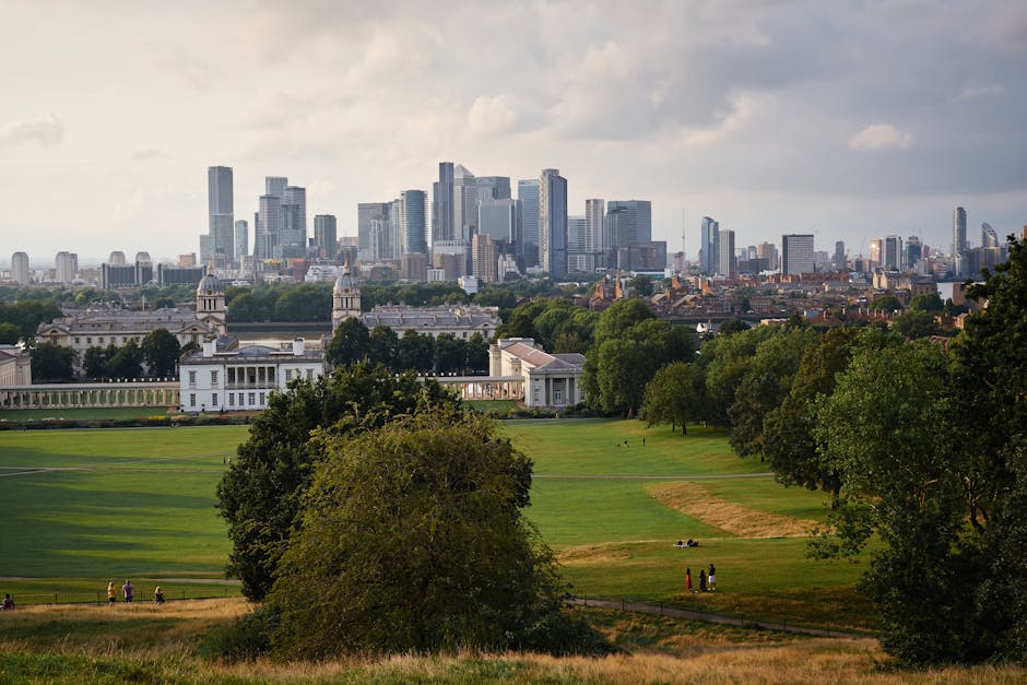 A wide view of Greenwich Park shows a lush green open space with well-maintained grass and scattered mature trees in the foreground. Several people are seen walking along the pathways, some sitting or relaxing on the grass. In the middle distance, a white historic building with classical architectural features, including columns and ornate details, is partly hidden behind a row of smaller trees. Beyond the park, the skyline of central London is visible with numerous modern high-rise office buildings and skyscrapers, characterized by glass facades and varying heights, set against a partly cloudy sky. The scene is illuminated by natural daylight, creating a clear contrast between the vibrant greenery of the park and the urban cityscape in the background. This image visually illustrates the contrast between natural recreational areas and urban development, relevant for discussions about disposal or clearance in green spaces or city environments, as serviced by waste clearance companies such as Waste Clearance Greenwich.